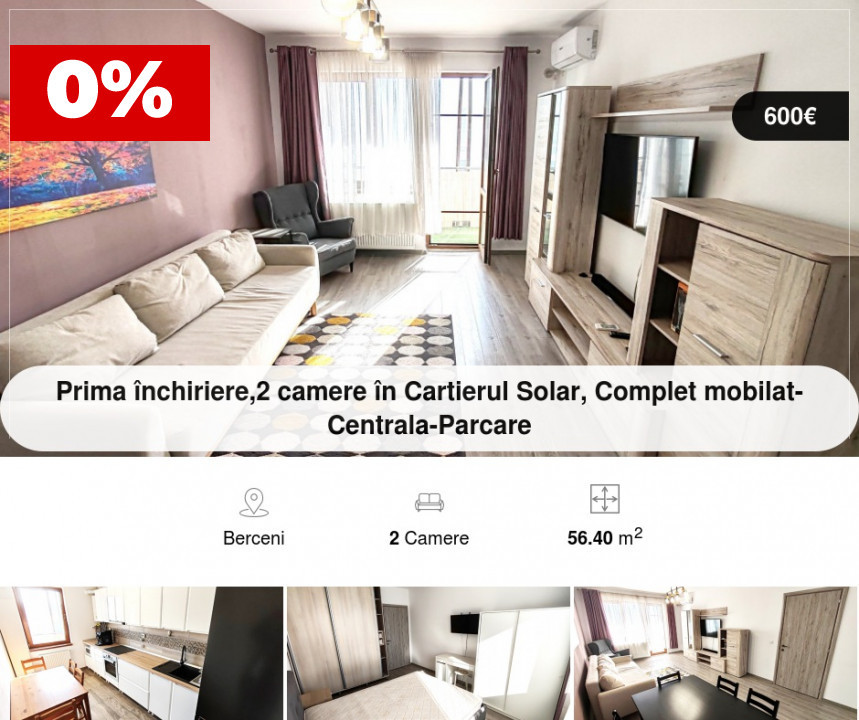 Prima închiriere, 2 camere în Cartierul Solar, Complet mobilat-Centrala-Parcare