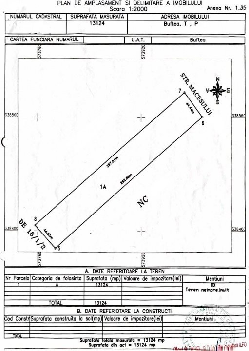 Teren intravilan 13124 mp cu front 44.5 m | Buftea - Cartierul Tineretului