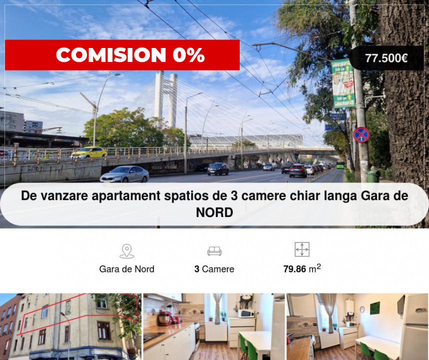 De vanzare apartament spatios de 3 camere langa Gara de NORD