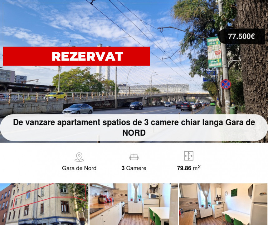 De vanzare apartament spatios de 3 camere la Gara de NORD
