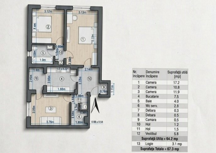 **Apartament cu 3 camere | 64,2 mp utili | 2 băi | Bloc 1985 | Etaj 7/8 | Sector