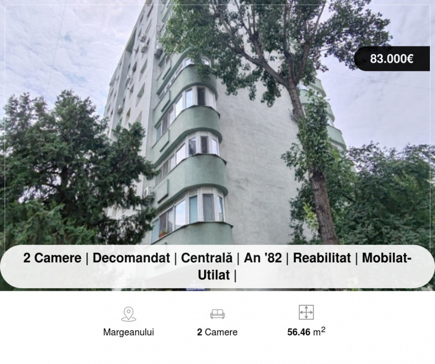  2 Camere | Decomandat | Centrală | An '82 | Reabilitat | Mobilat-Utilat |