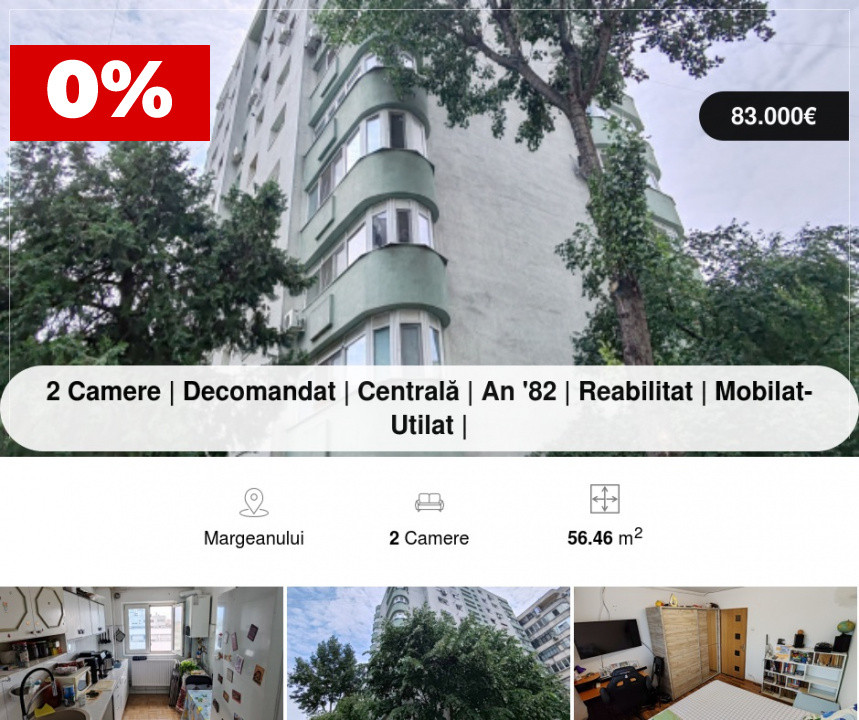  2 Camere | Decomandat | Centrală | An '82 | Reabilitat | Mobilat-Utilat |