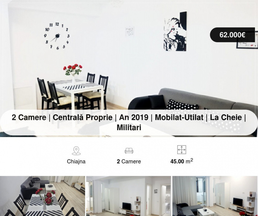  2 Camere | Centrală Proprie | An 2019 | Mobilat-Utilat | La Cheie  | Militari